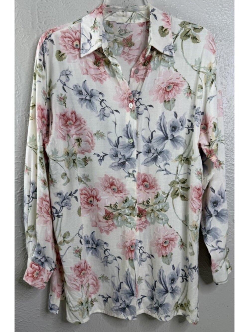 VTG Floral Large Button Up Long Sleeve Top Cream Pink Blue Cotton Tunic GUC